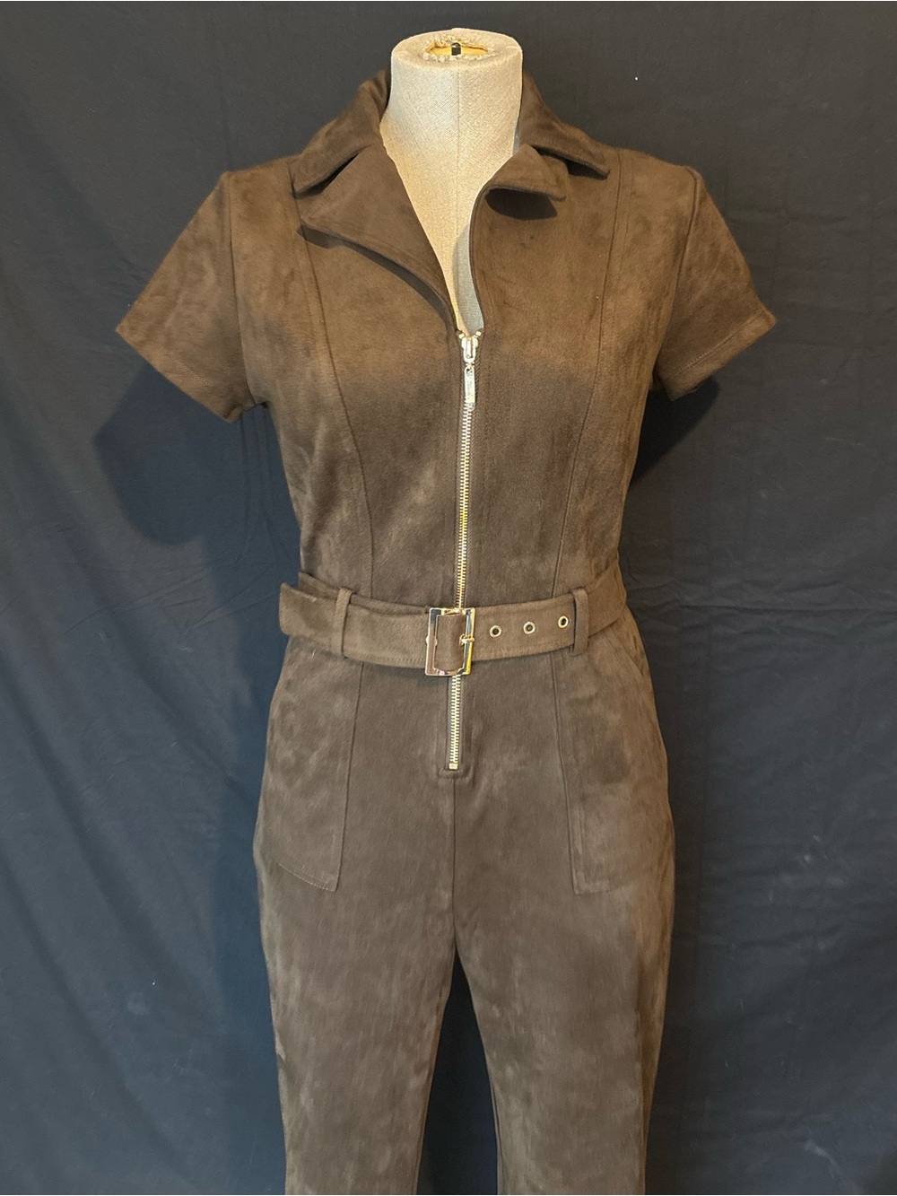 Guess Brown Suede Short-Sleeve Belted Jumpsuit - Picture 2 of 7